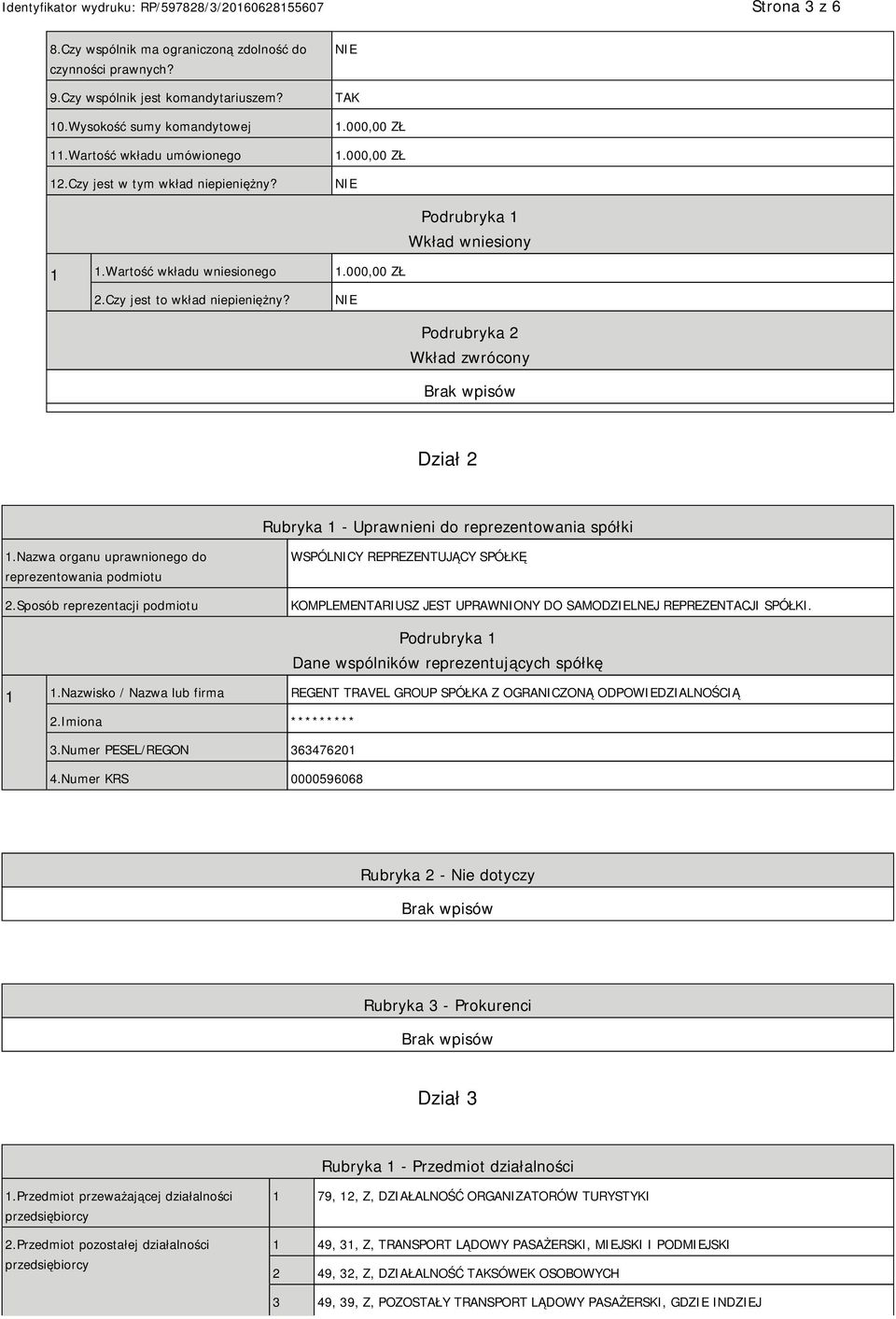 Podrubryka 2 Wkład zwrócony Dział 2 Rubryka 1 - Uprawnieni do reprezentowania spółki 1.Nazwa organu uprawnionego do reprezentowania podmiotu 2.