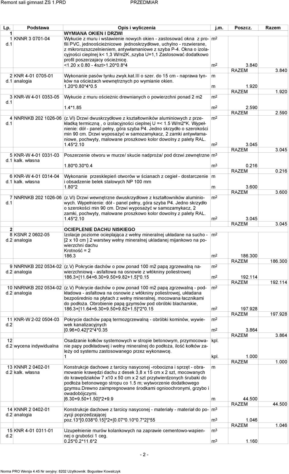 antywłaaniowe z szyba P-4. Okna o izolacyjności cieplnej k< 1,3 W/2K.,szyba U=1,1 Zastosować dodatkowo profil poszerzajacy ościeżnicę. <1.20 x 0.80-4szt>1.20*0.8*4 3.840 RAZEM 3.