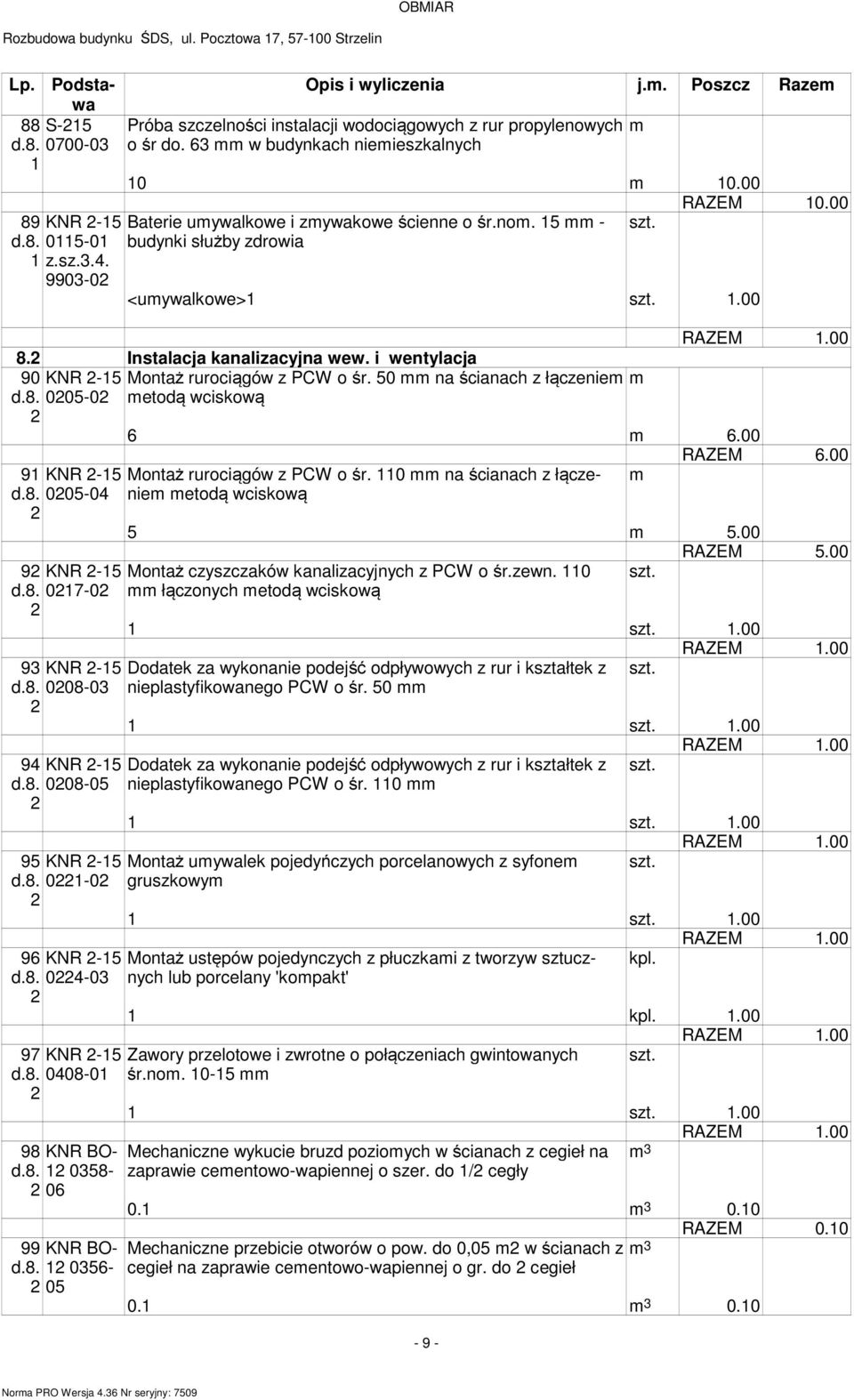 50 na ścianach z łączenie d.8. 005-0 etodą wciskową 6 6.00 9 KNR -5 Montaż rurociągów z PCW o śr. 0 na ścianach z łączenie etodą wciskową d.8. 005-04 5 5.