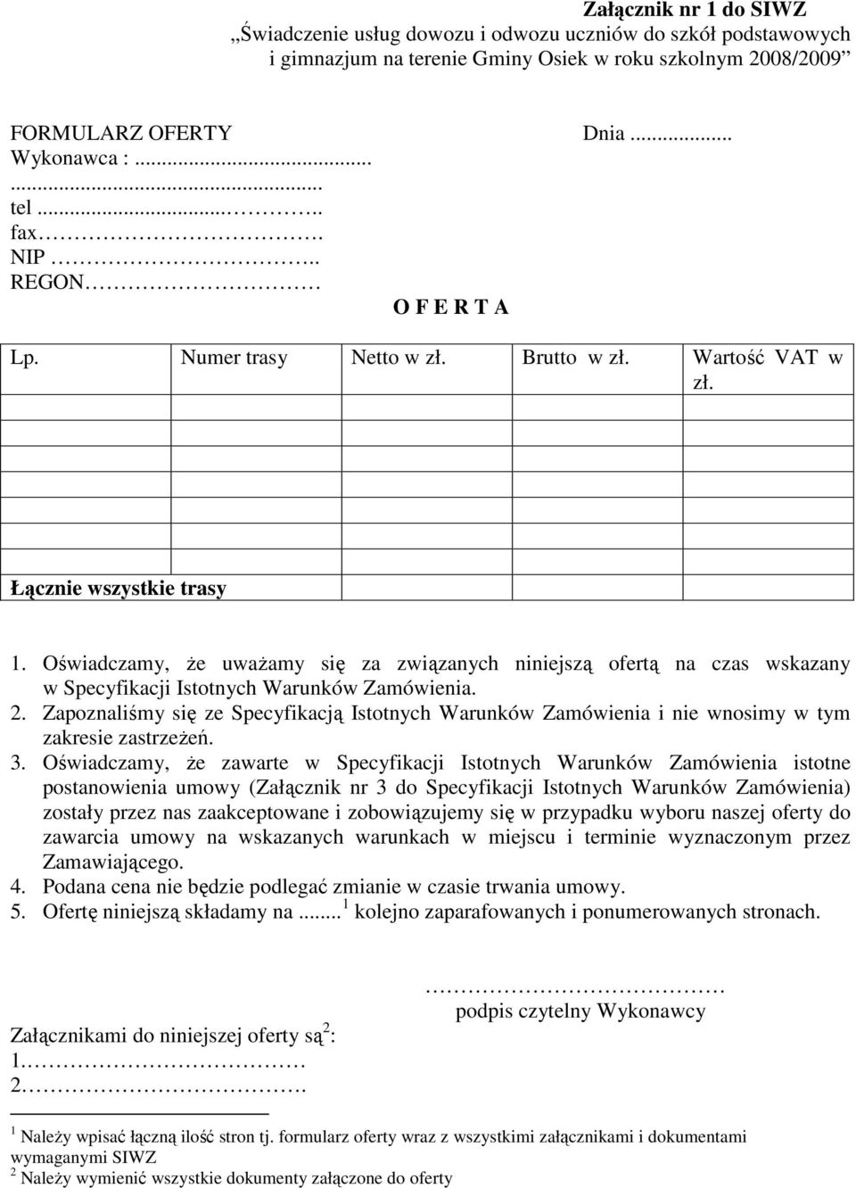 Oświadczamy, Ŝe uwaŝamy się za związanych niniejszą ofertą na czas wskazany w Specyfikacji Istotnych Warunków Zamówienia. 2.