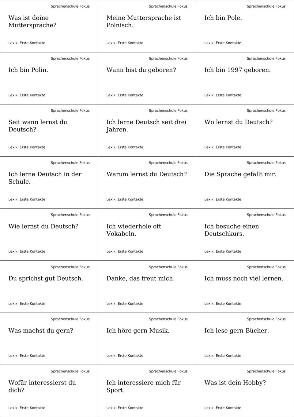 Die Sprache gefällt mir. Wie lernst du Deutsch? Ich wiederhole oft Vokabeln. Ich besuche einen Deutschkurs. Du sprichst gut Deutsch.