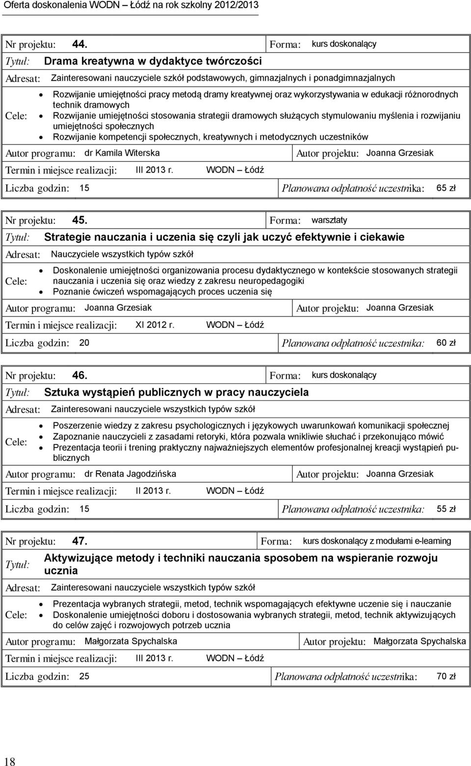 kreatywnej oraz wykorzystywania w edukacji różnorodnych technik dramowych Rozwijanie umiejętności stosowania strategii dramowych służących stymulowaniu myślenia i rozwijaniu umiejętności społecznych