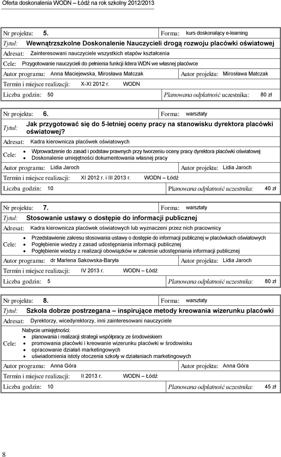 nauczycieli do pełnienia funkcji lidera WDN we własnej placówce Autor programu: Anna Maciejewska, Mirosława Matczak Autor projektu: Mirosława Matczak Termin i miejsce realizacji: X-XI 2012 r.