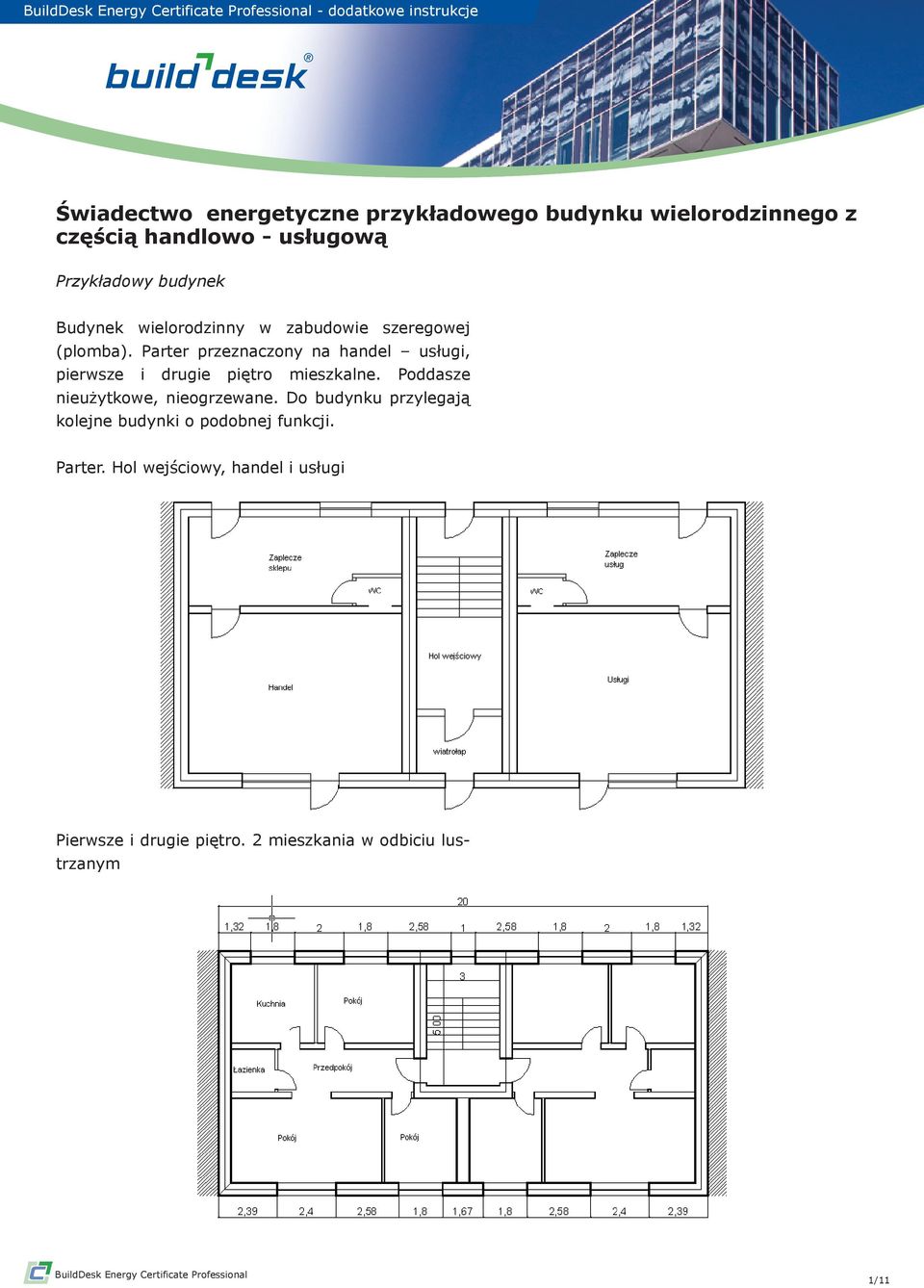 Parter przeznaczony na handel usługi, pierwsze i drugie piętro mieszkalne. Poddasze nieużytkowe, nieogrzewane.