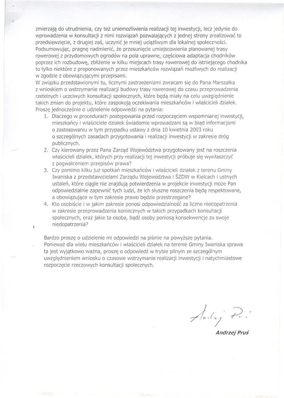 Podsumowujqe praqne nadrnienic ze przesuniecle umiejscowienia planowanej trasy rowerowej z przydomowyeh oqrodow na pola uprawne czesciowa adaptaeja chodnikow poprzez ich rozbudowe zblizenie w kilku