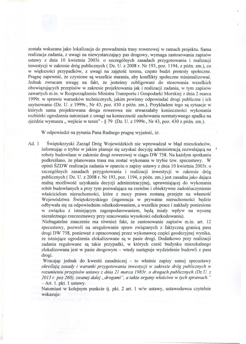 0 szczegolnych zasadach przygotowania i realizacji inwestycji w zakresie drog publicznych ( Dz. U. z 2008 r. Nr 193 poz. 1194 z pozn. zm.