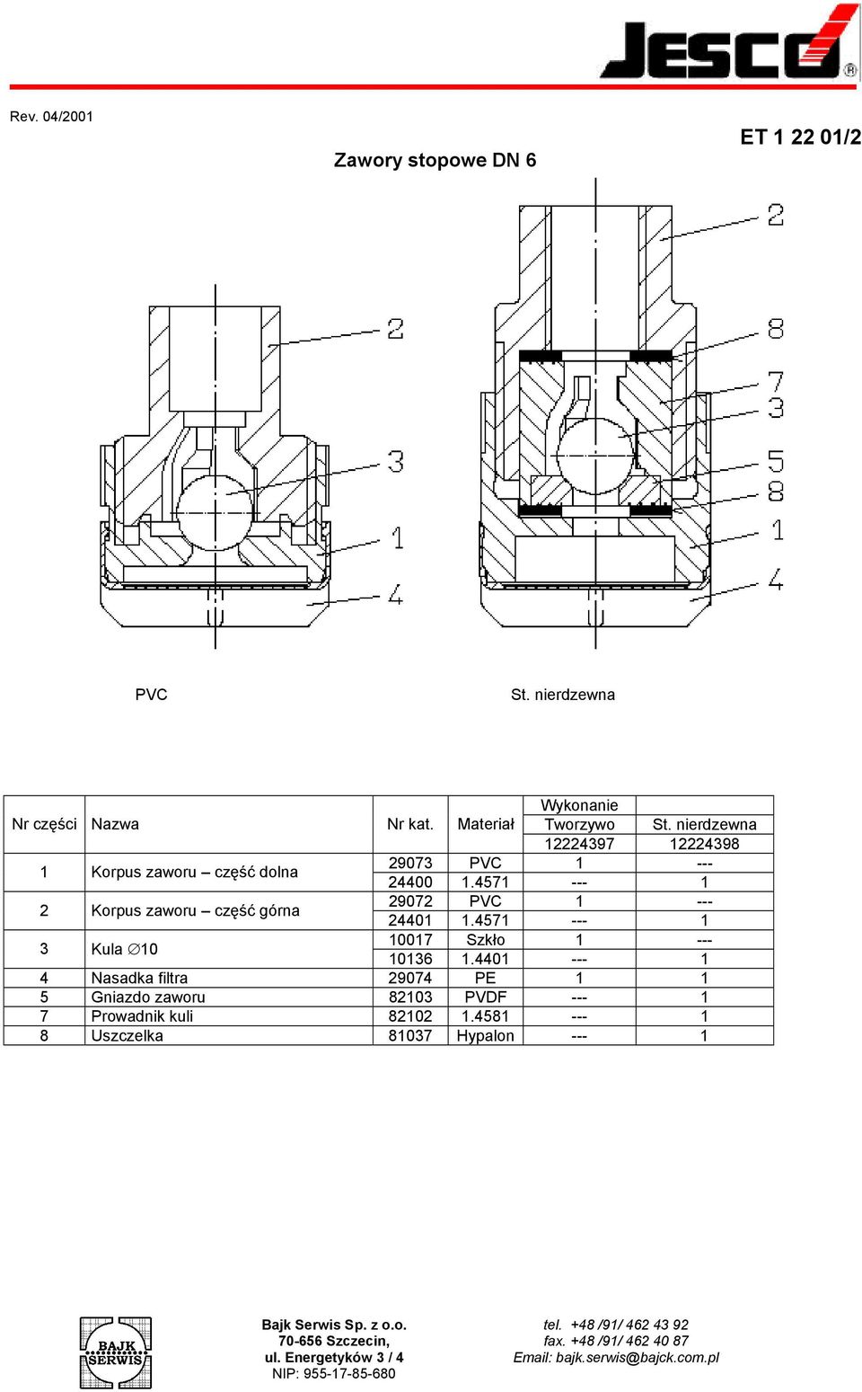 4571 --- 1 2 Korpus zaworu część górna 29072 PVC 1 --- 24401 1.4571 --- 1 3 Kula 10 10017 Szkło 1 --- 10136 1.