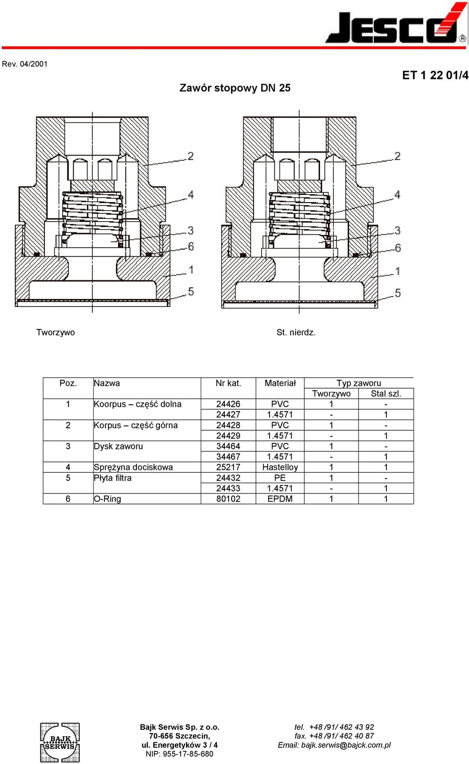 4571-1 2 Korpus część górna 24428 PVC 1-24429 1.4571-1 3 Dysk zaworu 34464 PVC 1-34467 1.