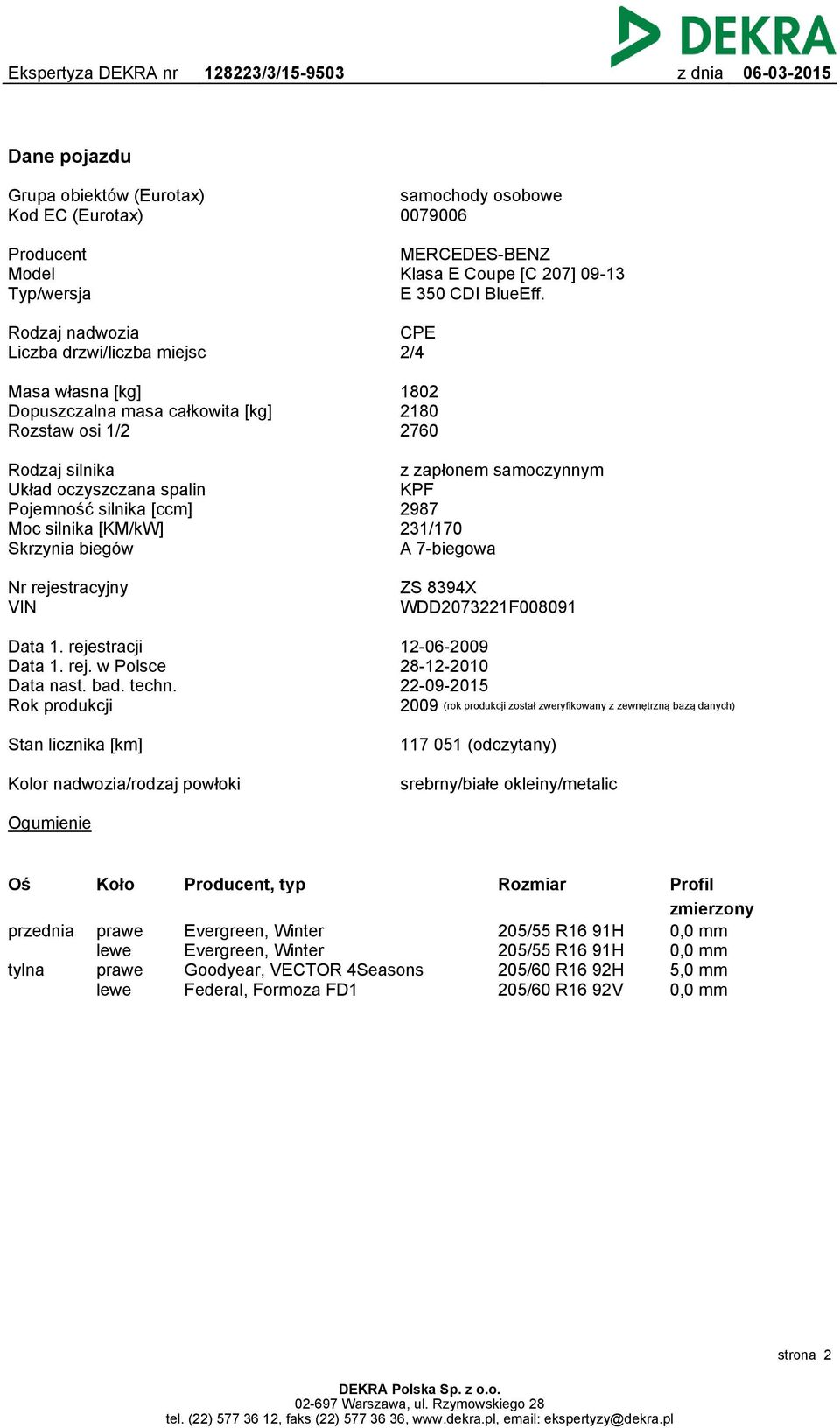 silnika [KM/kW] Skrzynia biegów z zapłonem samoczynnym KPF 2987 231/170 A 7-biegowa Nr rejestracyjny VIN ZS 8394X WDD2073221F008091 Data 1. rejestracji Data 1. rej. w Polsce Data nast. bad. techn.