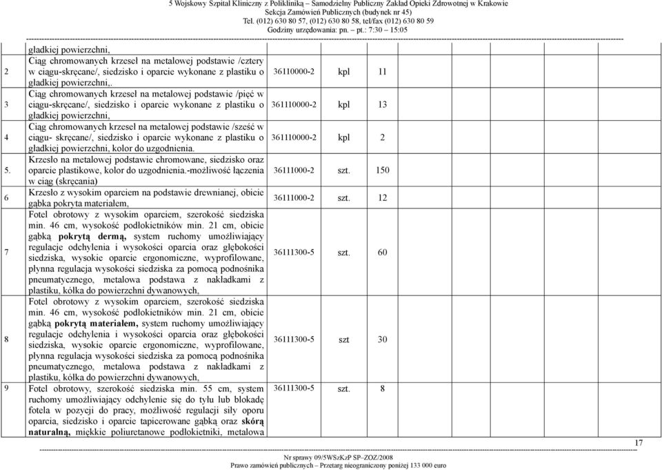 podstawie /sześć w ciągu- skręcane/, siedzisko i oparcie wykonane z plastiku o 361110000-2 kpl 2 gładkiej powierzchni, kolor do uzgodnienia 5 Krzesło na metalowej podstawie chromowane, siedzisko oraz