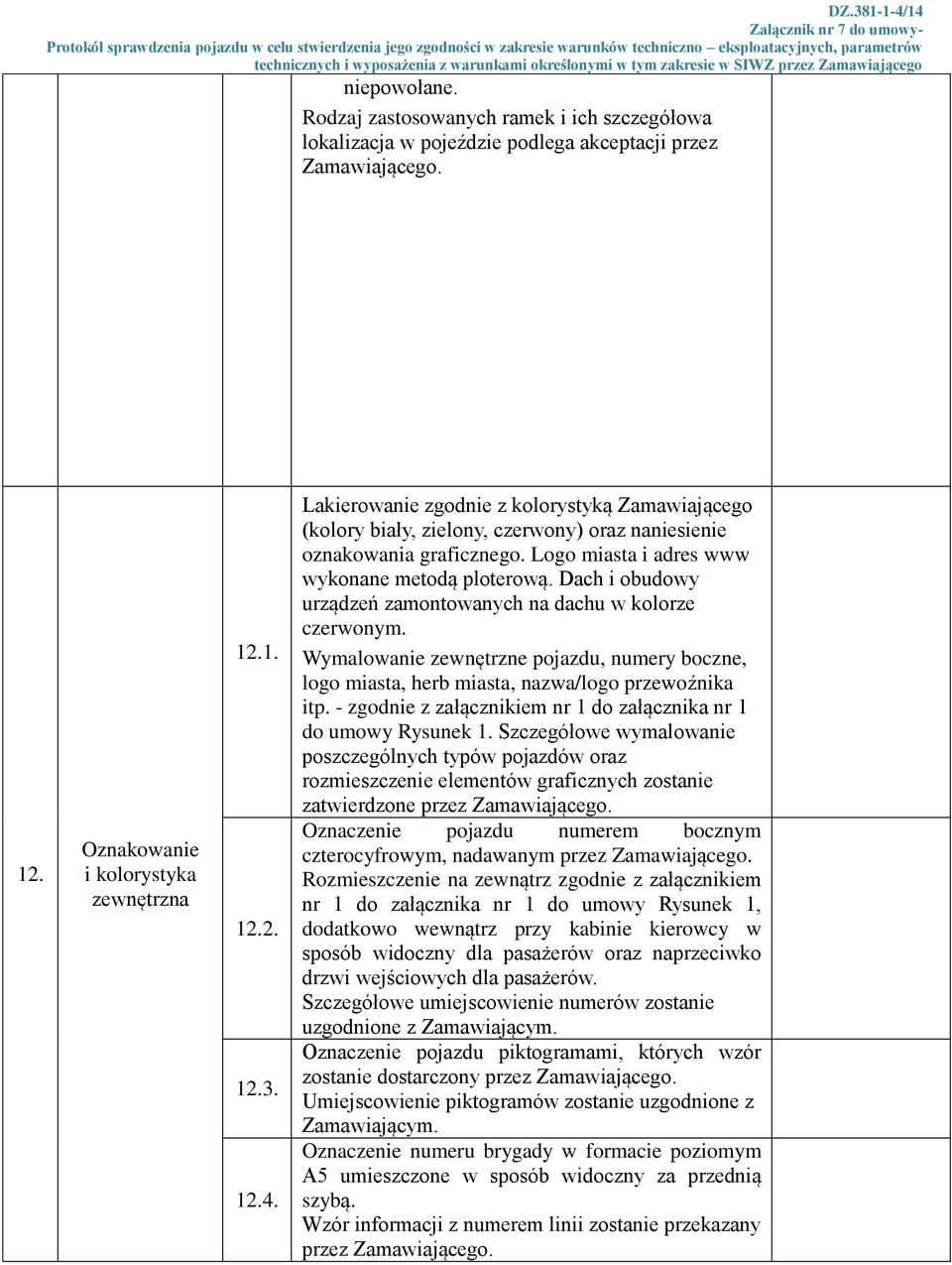 Dach i obudowy urządzeń zamontowanych na dachu w kolorze czerwonym. Wymalowanie zewnętrzne pojazdu, numery boczne, logo miasta, herb miasta, nazwa/logo przewoźnika itp.