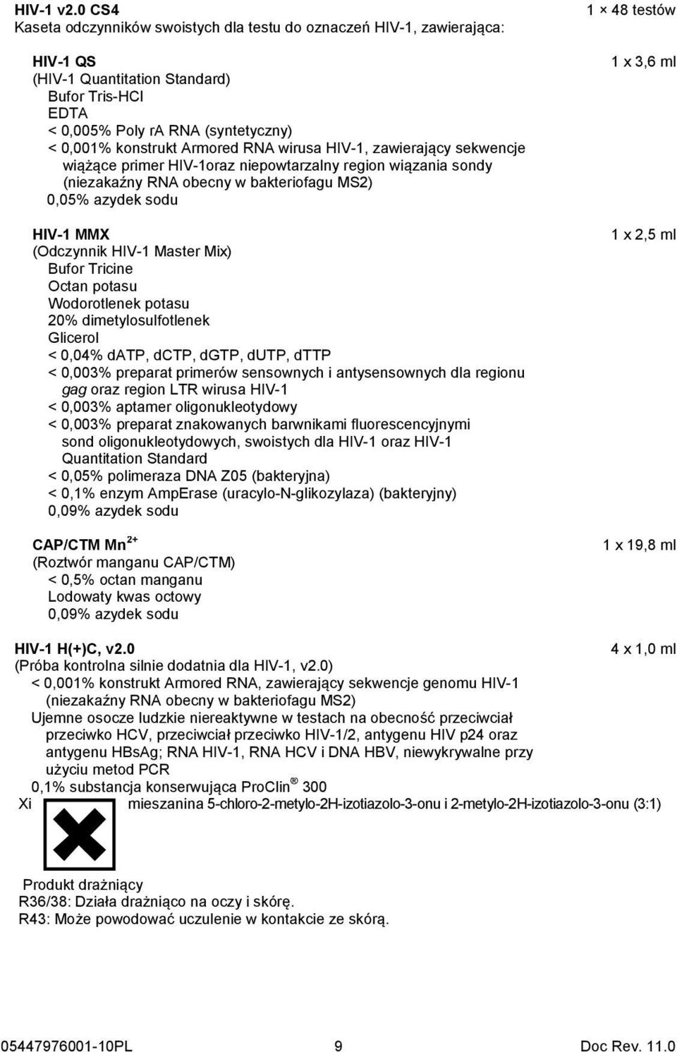 RNA wirusa HIV-1, zawierający sekwencje wiążące primer HIV-1oraz niepowtarzalny region wiązania sondy (niezakaźny RNA obecny w bakteriofagu MS2) 0,05% azydek sodu HIV-1 MMX (Odczynnik HIV-1 Master