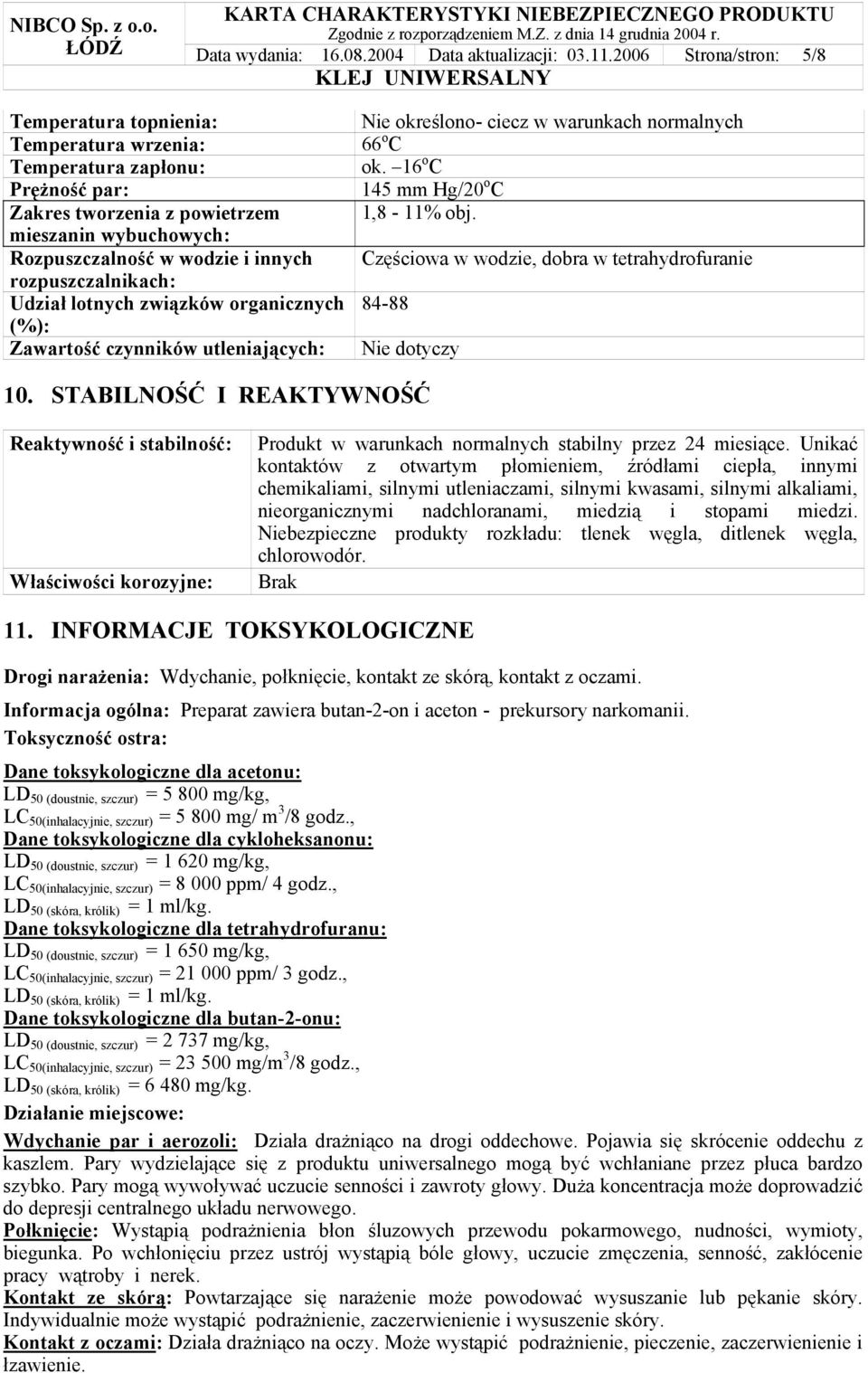 rozpuszczalnikach: Udział lotnych związków organicznych (%): Zawartość czynników utleniających: Nie określono- ciecz w warunkach normalnych 66 o C ok. 16 o C 145 mm Hg/20 o C 1,8-11% obj.