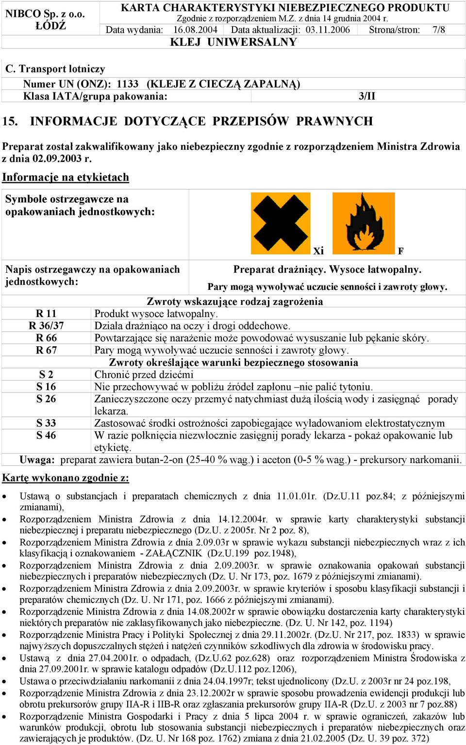Informacje na etykietach Symbole ostrzegawcze na opakowaniach jednostkowych: Napis ostrzegawczy na opakowaniach jednostkowych: Preparat drażniący. Wysoce łatwopalny.