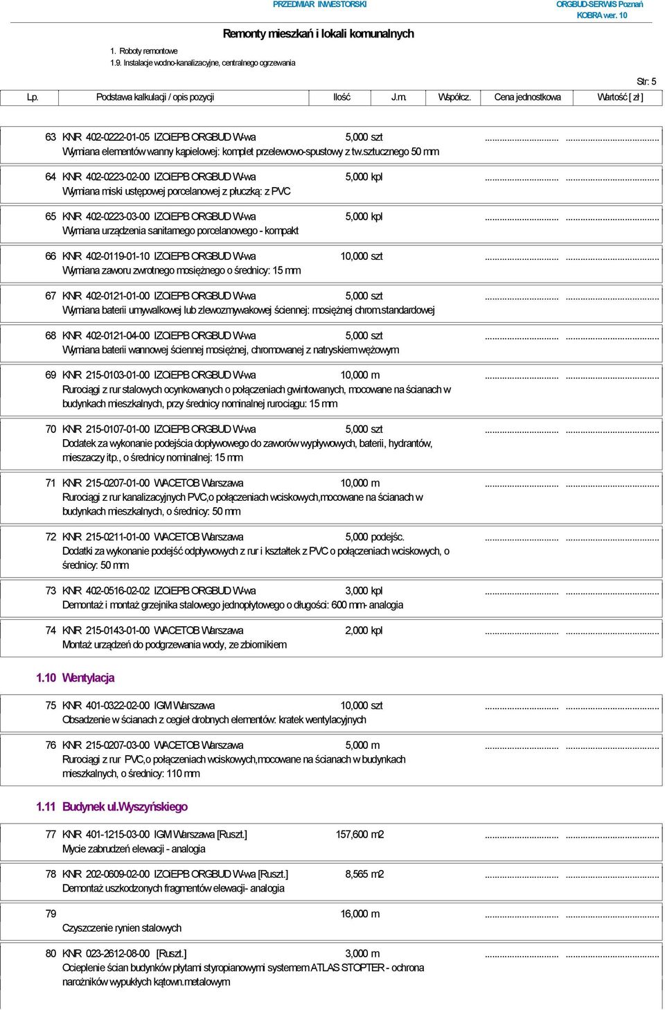 ..... Wymiana urządzenia sanitarnego porcelanowego - kompakt 66 KNR 402-0119-01-10 IZOiEPB ORGBUD W-wa 10,000 szt.