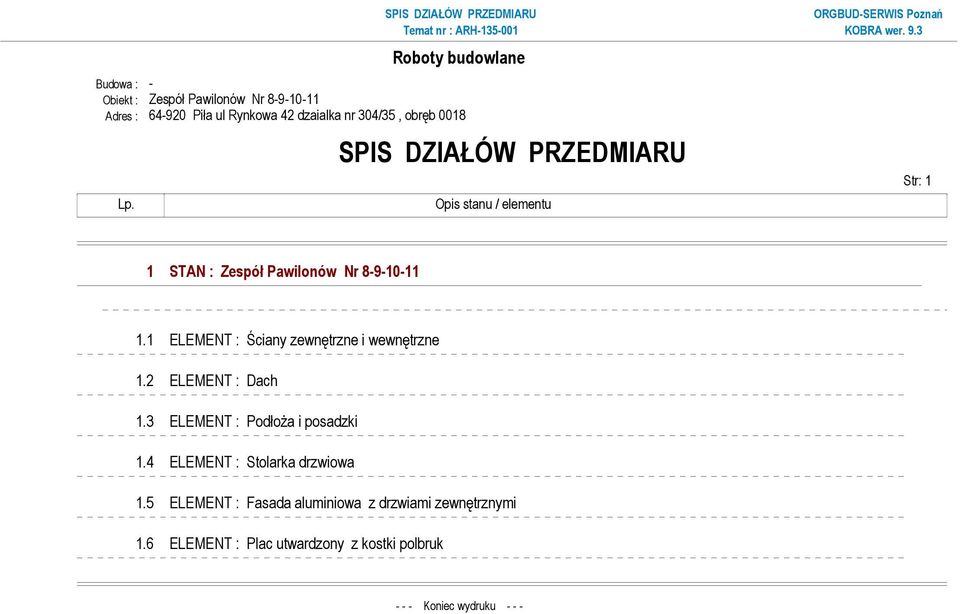 1 ELEMENT : Ściany zewnętrzne i wewnętrzne 1.2 ELEMENT : Dach 1.