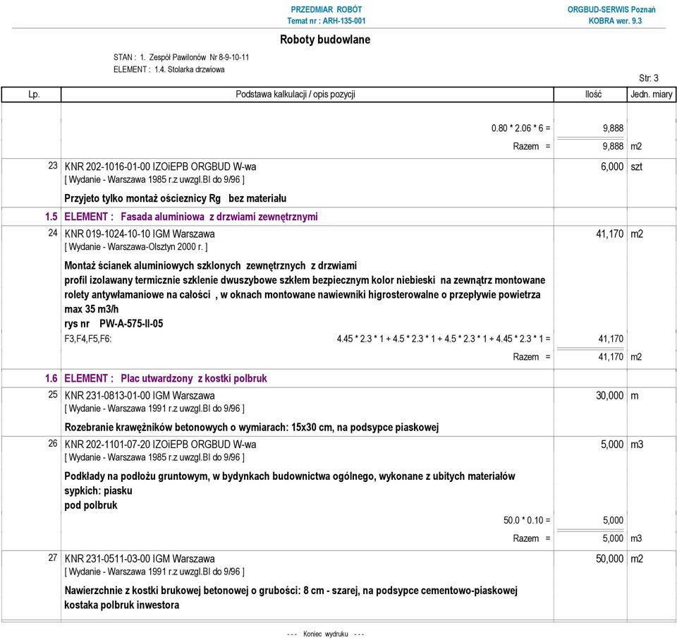 5 ELEMENT : Fasada aluminiowa z drzwiami zewnętrznymi 24 KNR 019-1024-10-10 IGM Warszawa 41,170 m2 [ Wydanie - Warszawa-Olsztyn 2000 r.