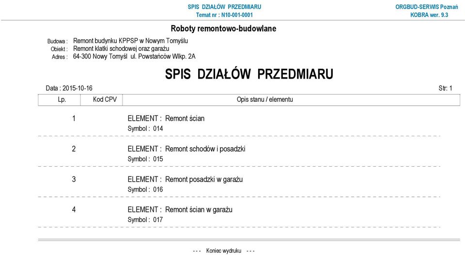 Kod CPV Opis stanu / elementu 1 ELEMENT : Remont ścian Symbol : 014 2 ELEMENT : Remont schodów i posadzki Symbol :