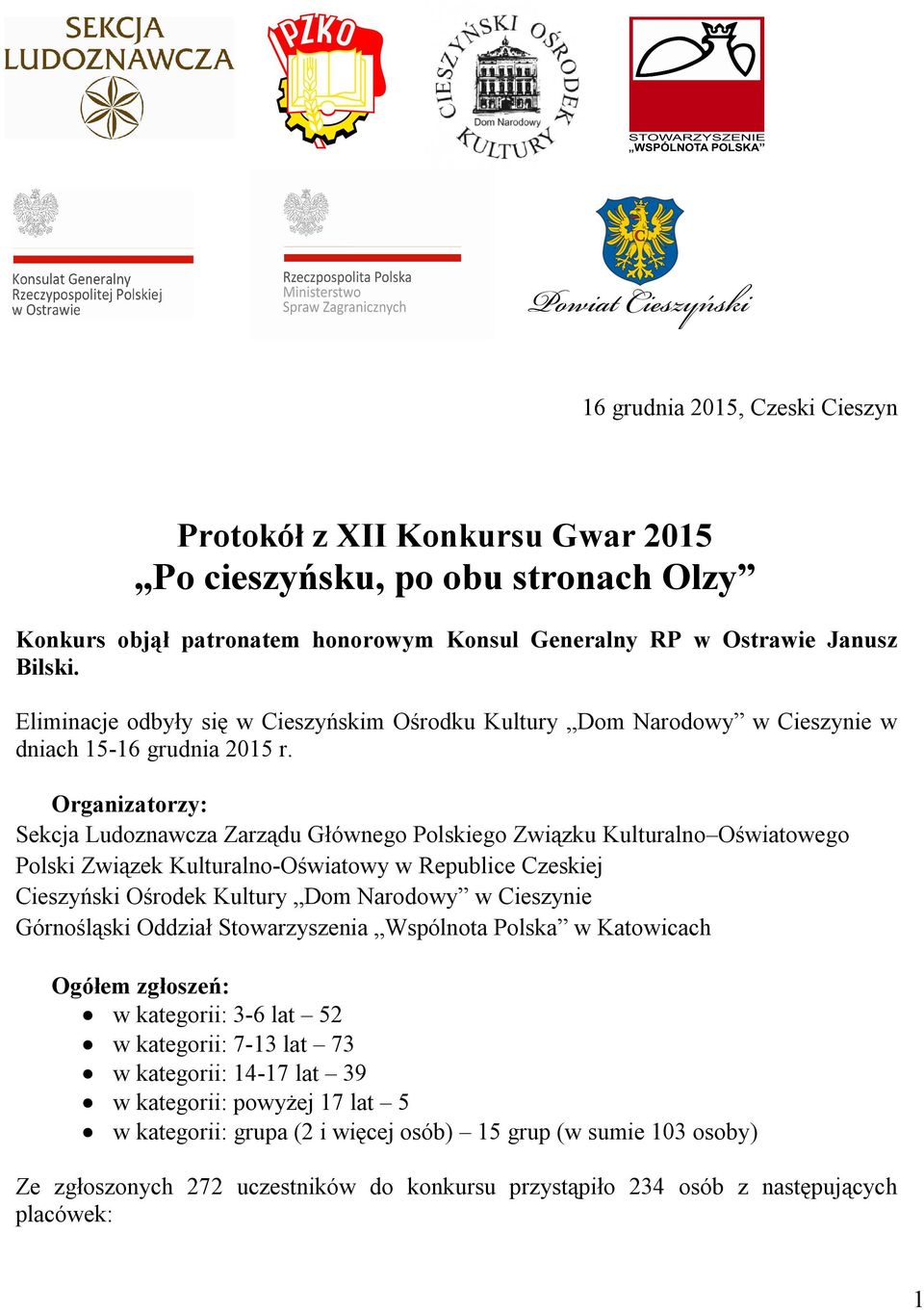 Organizatorzy: Sekcja Ludoznawcza Zarządu Głównego Polskiego Związku Kulturalno Oświatowego Polski Związek Kulturalno-Oświatowy w Republice Czeskiej Cieszyński Ośrodek Kultury Dom Narodowy w