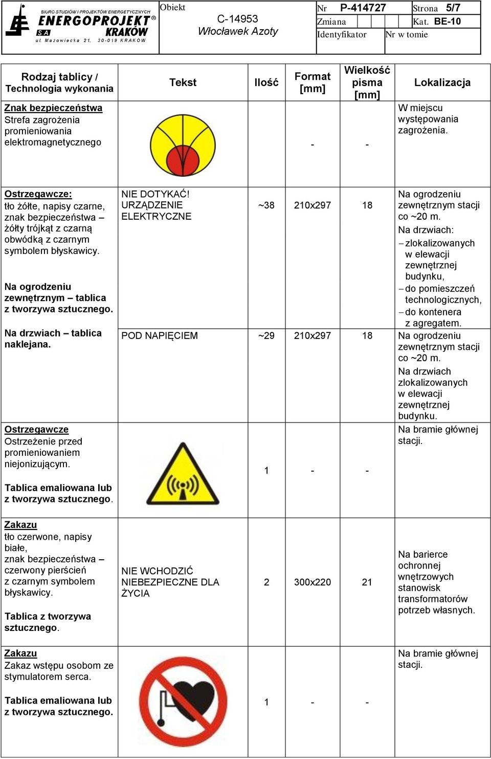Ostrzegawcze Ostrzeżenie przed promieniowaniem niejonizującym. Tablica emaliowana lub NIE DOTYKAĆ! URZĄDZENIE ELEKTRYCZNE ~38 20x297 8 Na ogrodzeniu zewnętrznym stacji co ~20 m.