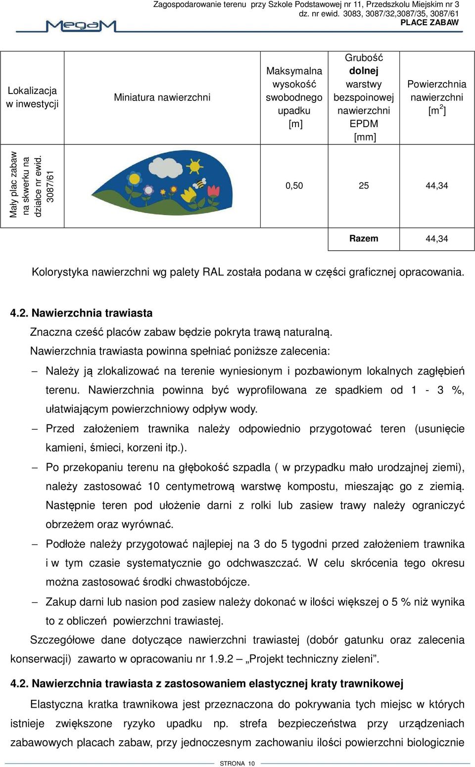 nawierzchni [m 2 ] Mały plac zabaw na skwerku na działce nr ewid. 3087/6 0,50 25 44,34 Razem 44,34 Kolorystyka nawierzchni wg palety RAL została podana w części graficznej opracowania. 4.2. Nawierzchnia trawiasta Znaczna cześć placów zabaw będzie pokryta trawą naturalną.