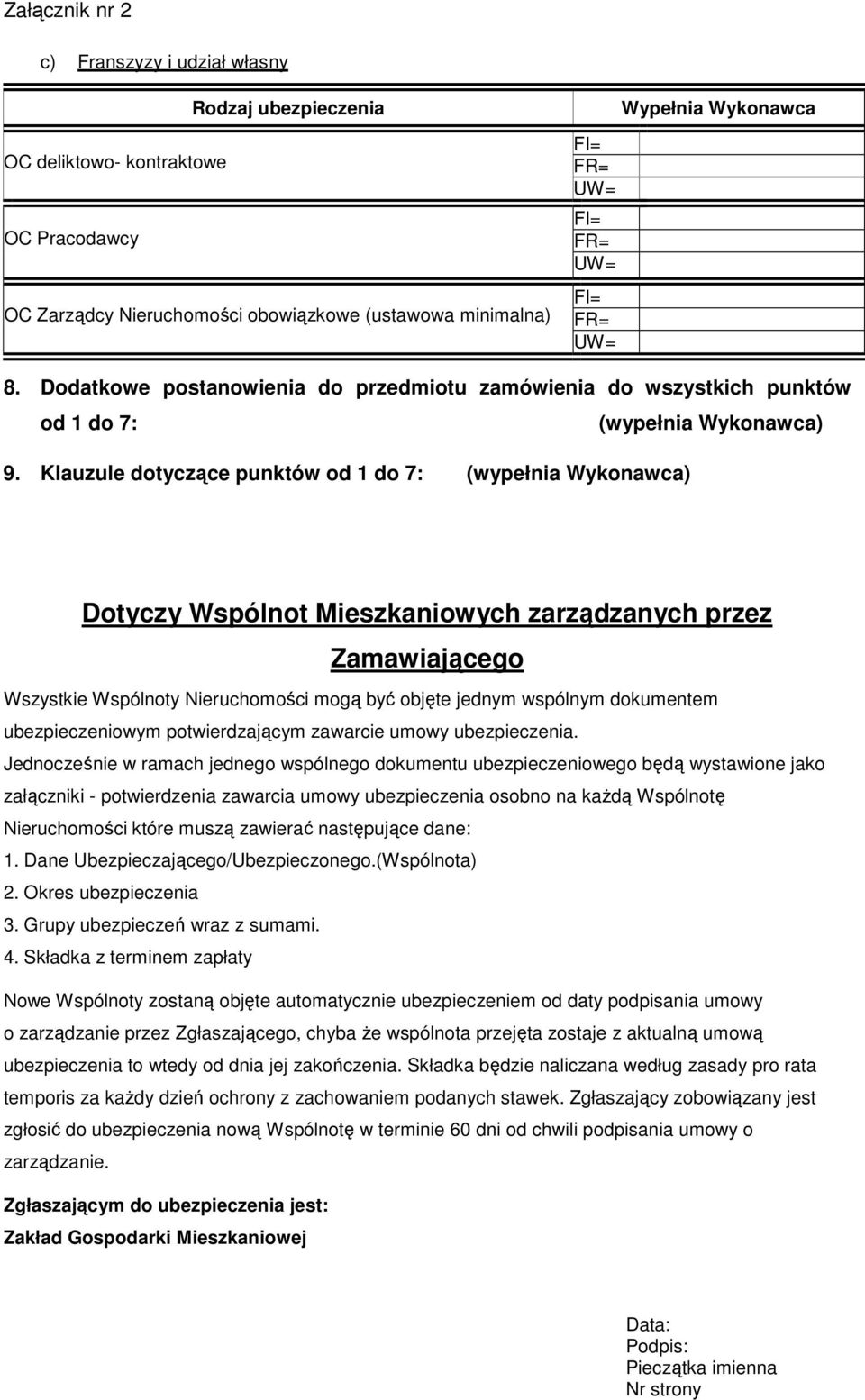 Klauzule dotyczące punktów od 1 do 7: Dotyczy Wspólnot Mieszkaniowych zarządzanych przez Zamawiającego Wszystkie Wspólnoty Nieruchomości mogą być objęte jednym wspólnym dokumentem ubezpieczeniowym