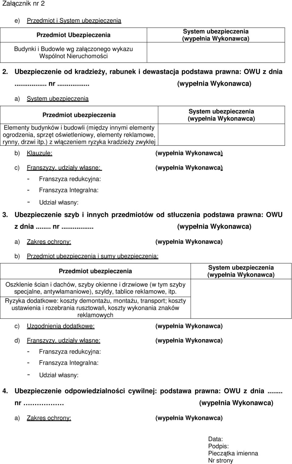) z włączeniem ryzyka kradzieŝy zwykłej b) Klauzule: c) Franszyzy, udziały własne: - Franszyza redukcyjna: - Franszyza Integralna: - Udział własny: 3.