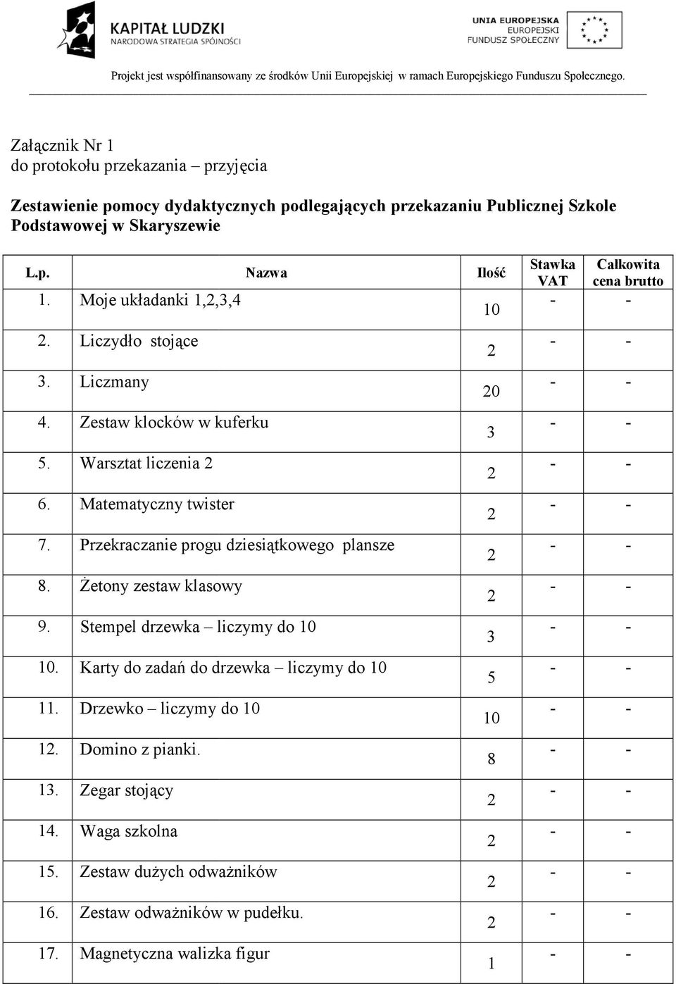 Liczydło stojące 3. Liczmany 4. Zestaw klocków w kuferku 5. Warsztat liczenia 6. Matematyczny twister 7. Przekraczanie progu dziesiątkowego plansze 8. śetony zestaw klasowy 9.