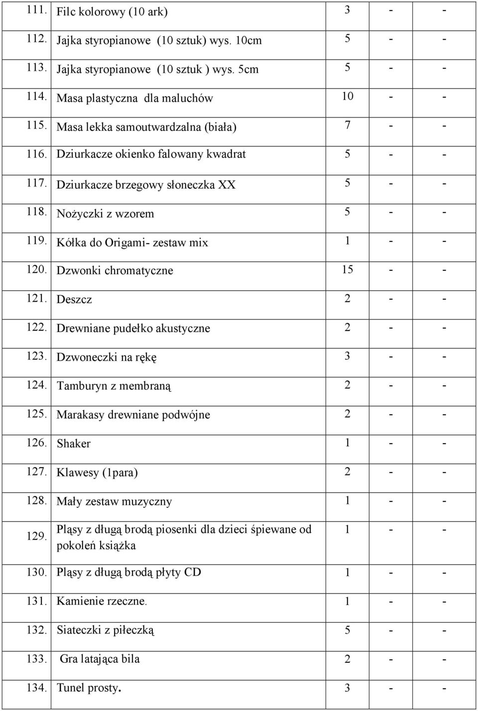 Dzwonki chromatyczne 5. Deszcz. Drewniane pudełko akustyczne 3. Dzwoneczki na rękę 3 4. Tamburyn z membraną 5. Marakasy drewniane podwójne 6. Shaker 7. Klawesy (para) 8.