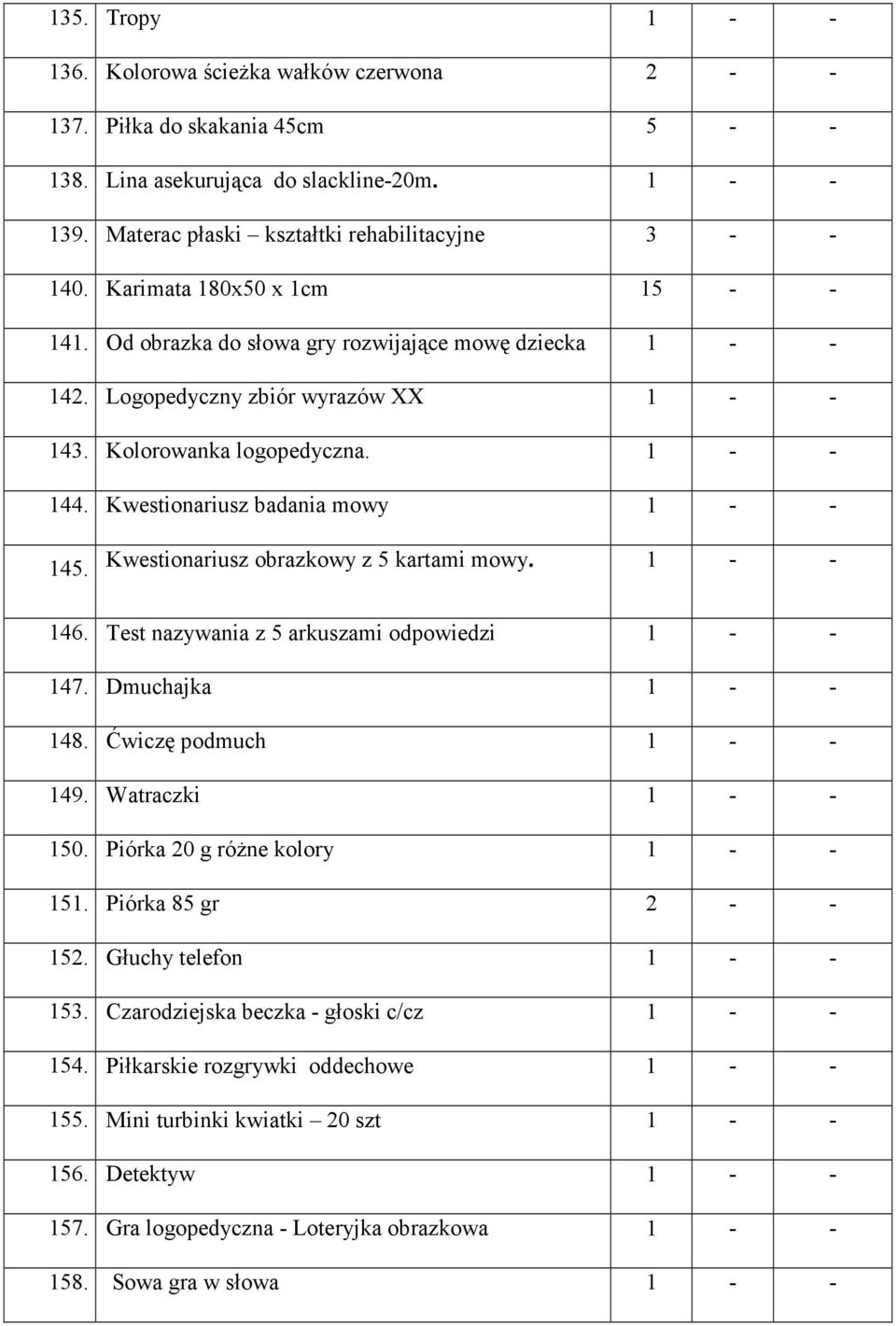 Kwestionariusz obrazkowy z 5 kartami mowy. 46. Test nazywania z 5 arkuszami odpowiedzi 47. Dmuchajka 48. Ćwiczę podmuch 49. Watraczki 50. Piórka 0 g róŝne kolory 5.