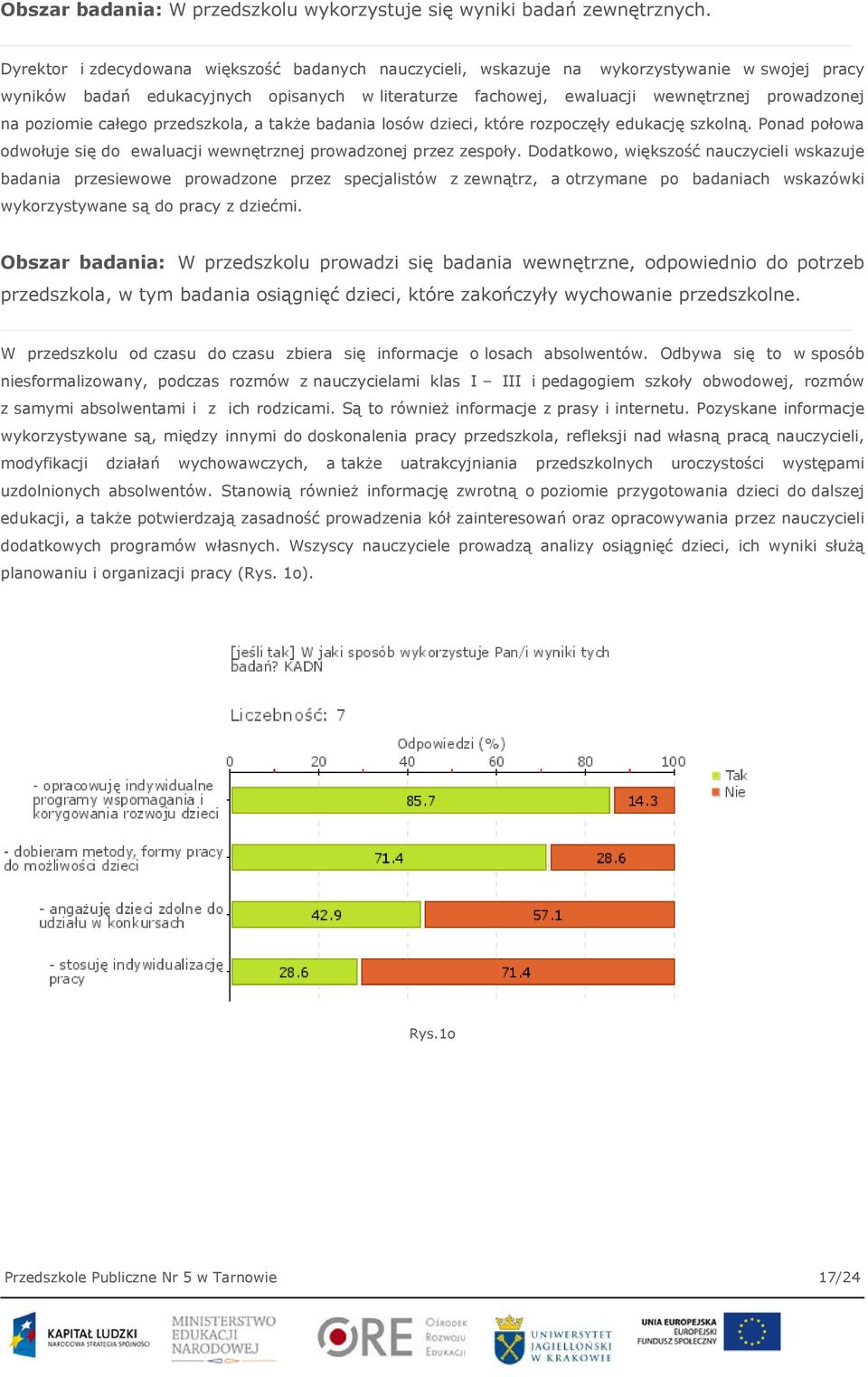 poziomie całego przedszkola, a także badania losów dzieci, które rozpoczęły edukację szkolną. Ponad połowa odwołuje się do ewaluacji wewnętrznej prowadzonej przez zespoły.