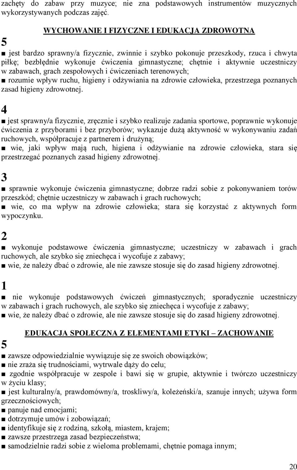 aktywnie uczestniczy w zabawach, grach zespołowych i ćwiczeniach terenowych; rozumie wpływ ruchu, higieny i odżywiania na zdrowie człowieka, przestrzega poznanych zasad higieny zdrowotnej.