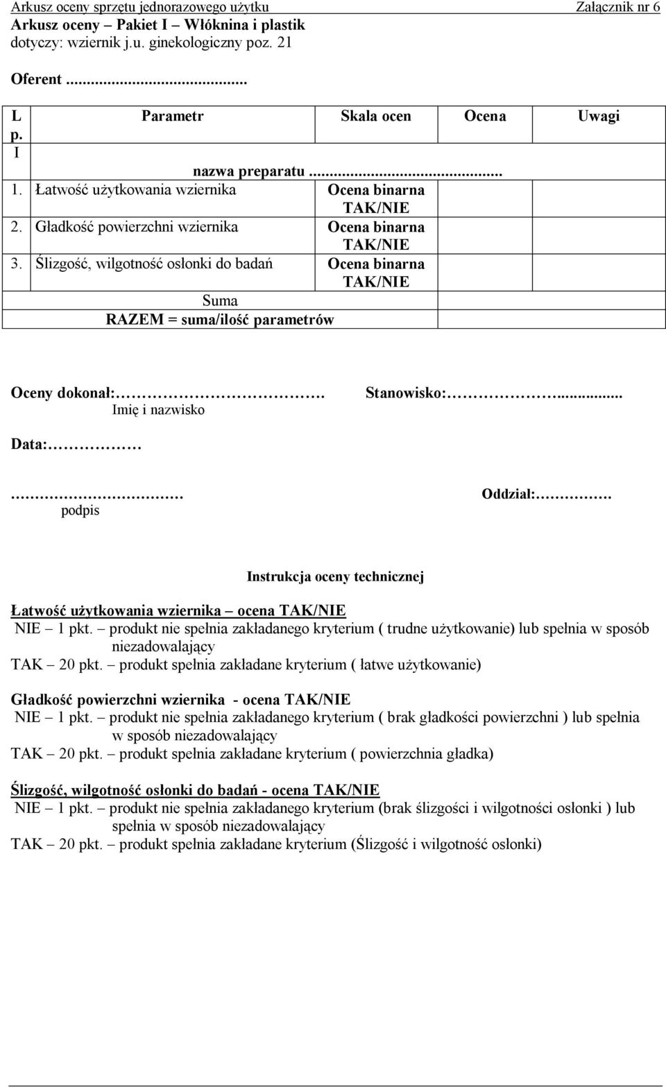 produkt nie spełnia zakładanego kryterium ( trudne użytkowanie) lub spełnia w sposób TAK 20 pkt.