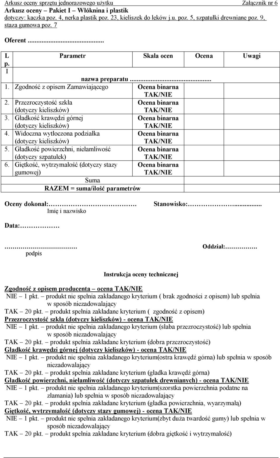 Gładkość powierzchni, niełamliwość (dotyczy szpatułek) 6. Giętkość, wytrzymałość (dotyczy stazy gumowej) mię i nazwisko nstrukcja oceny technicznej Zgodność z opisem producenta ocena NE 1 pkt.