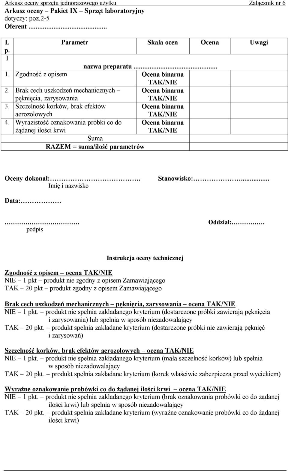 zgodny z opisem Zamawiającego Brak cech uszkodzeń mechanicznych pęknięcia, zarysowania ocena NE 1 pkt.