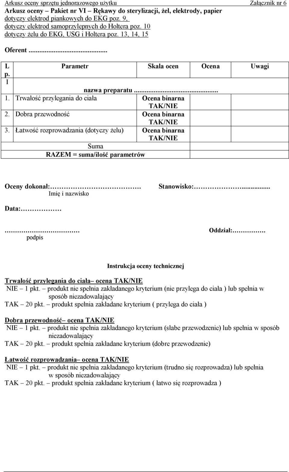 Łatwość rozprowadzania (dotyczy żelu) mię i nazwisko nstrukcja oceny technicznej Trwałość przylegania do ciała ocena NE 1 pkt.