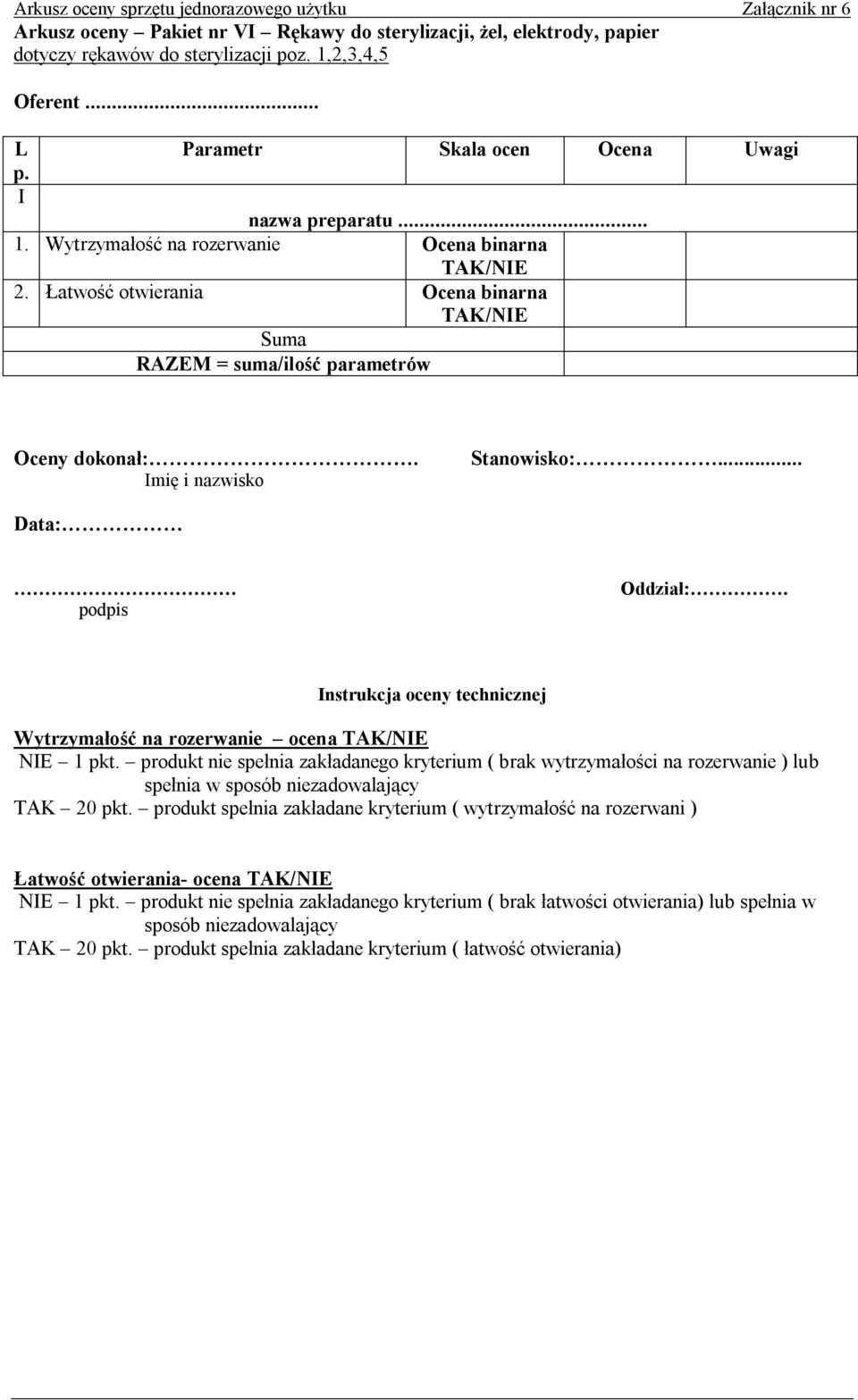 produkt nie spełnia zakładanego kryterium ( brak wytrzymałości na rozerwanie ) lub spełnia TAK 20 pkt.