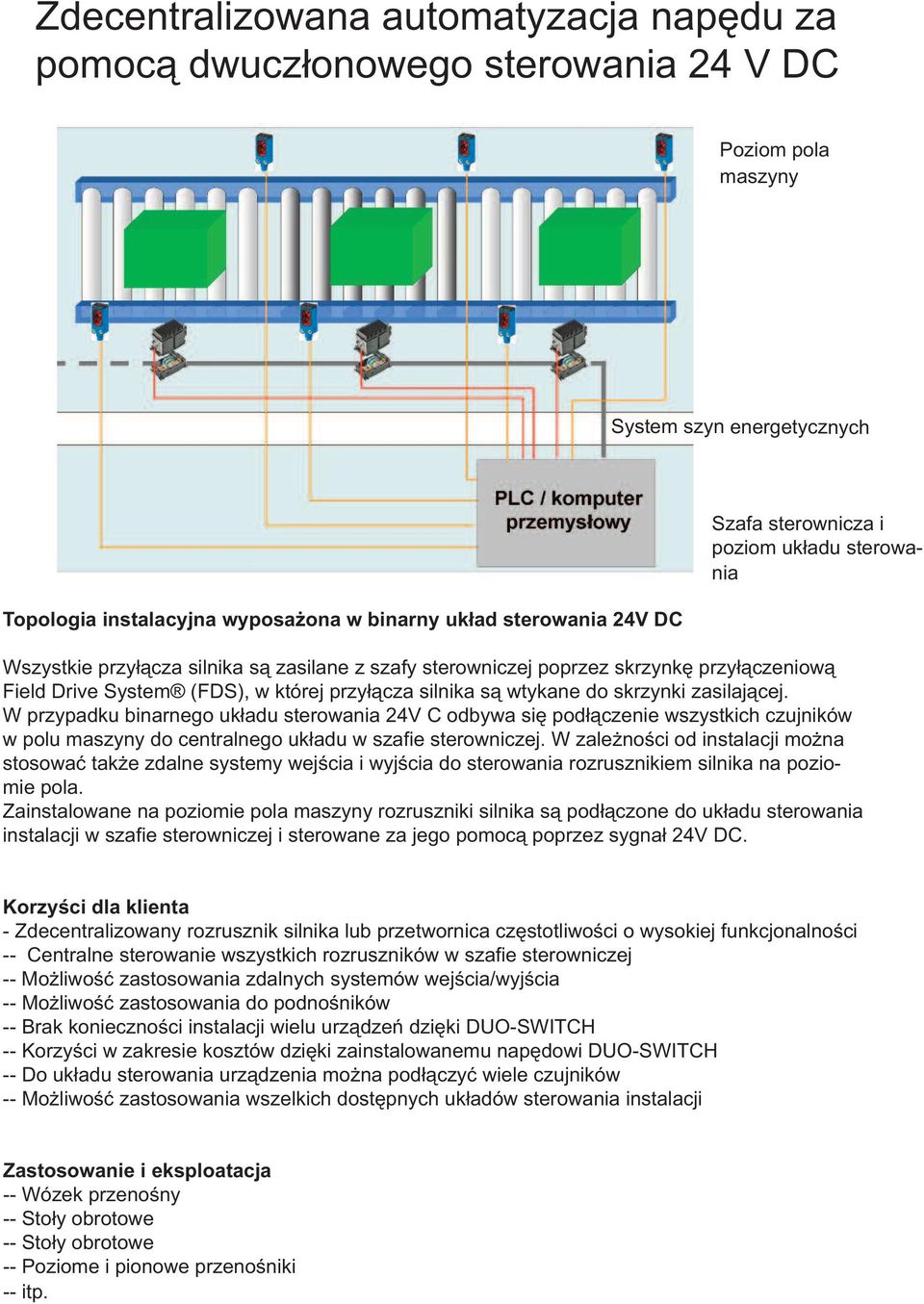 wtykane do skrzynki zasilającej. W przypadku binarnego układu sterowania 24V C odbywa się podłączenie wszystkich czujników w polu maszyny do centralnego układu w szafie sterowniczej.