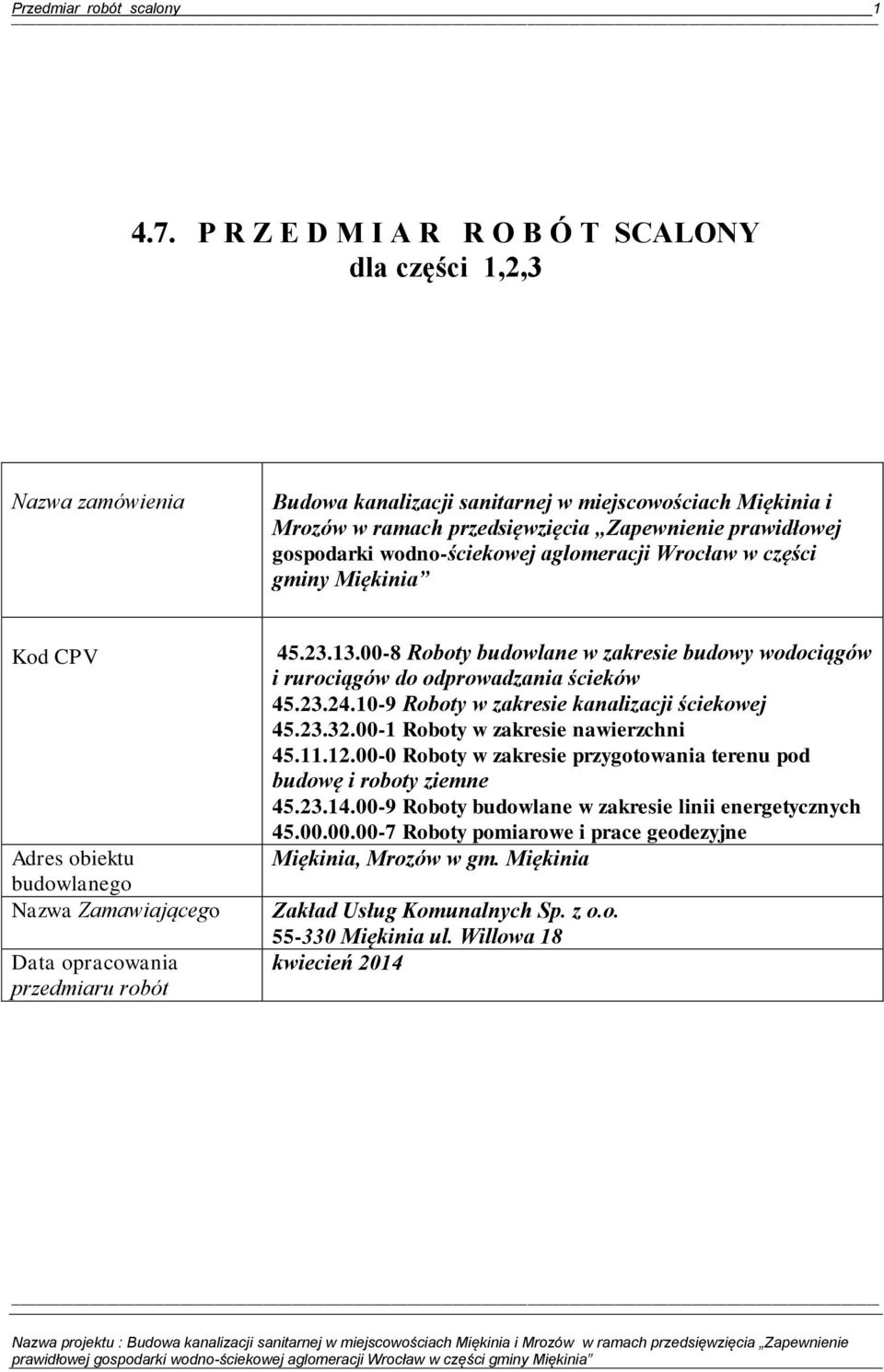 wodno-ściekowej aglomeracji Wrocław w części gminy Miękinia Kod CPV Adres obiektu budowlanego Nazwa Zamawiającego Data opracowania przedmiaru robót 45.23.13.