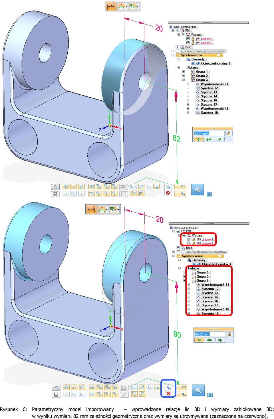 3D; w wyniku wymiaru 82 mm zależności