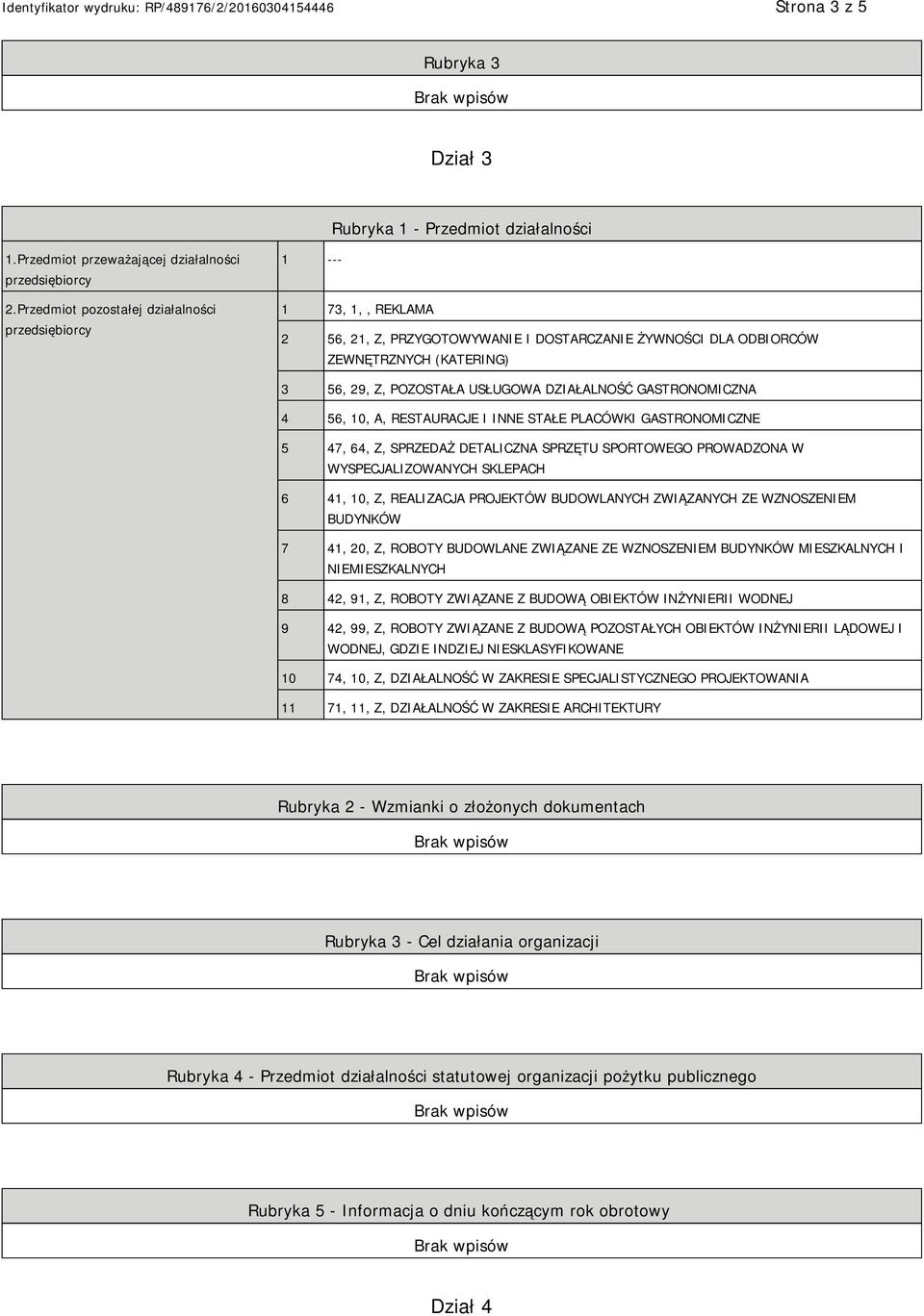 DZIAŁALNOŚĆ GASTRONOMICZNA 4 56, 10, A, RESTAURACJE I INNE STAŁE PLACÓWKI GASTRONOMICZNE 5 47, 64, Z, SPRZEDAŻ DETALICZNA SPRZĘTU SPORTOWEGO PROWADZONA W WYSPECJALIZOWANYCH SKLEPACH 6 41, 10, Z,