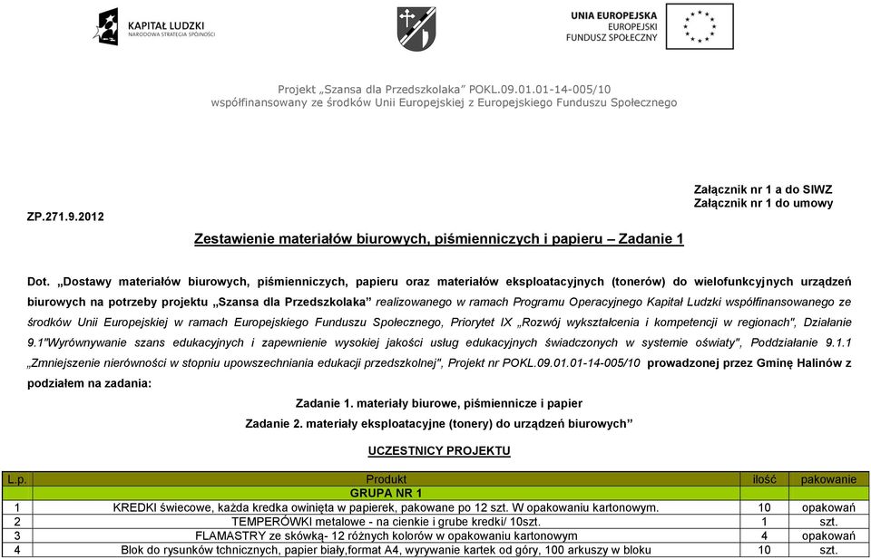 ramach Programu Operacyjnego Kapitał Ludzki współfinansowanego ze środków Unii Europejskiej w ramach Europejskiego Funduszu Społecznego, Priorytet IX Rozwój wykształcenia i kompetencji w regionach",