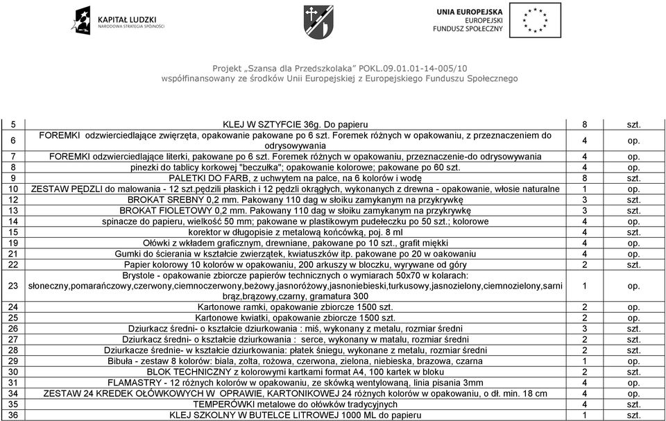 8 pinezki do tablicy korkowej "beczułka"; opakowanie kolorowe; pakowane po 60 szt. 4 op. 9 PALETKI DO FARB, z uchwytem na palce, na 6 kolorów i wodę 8 szt. 10 ZESTAW PĘDZLI do malowania - 12 szt.
