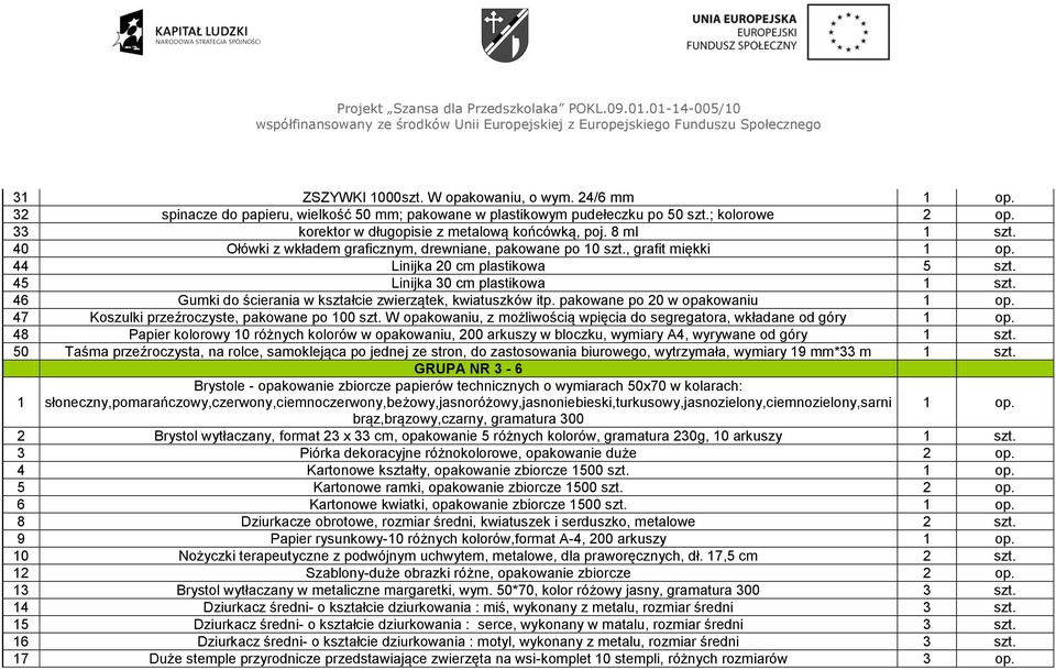 45 Linijka 30 cm plastikowa 1 szt. 46 Gumki do ścierania w kształcie zwierzątek, kwiatuszków itp. pakowane po 20 w opakowaniu 1 op. 47 Koszulki przeźroczyste, pakowane po 100 szt.