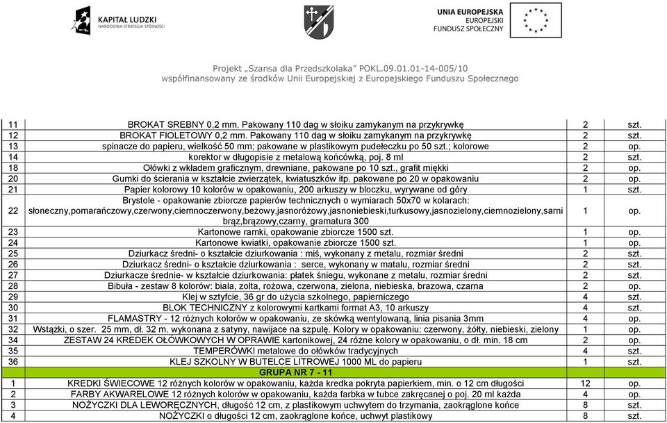 20 Gumki do ścierania w kształcie zwierzątek, kwiatuszków itp. pakowane po 20 w opakowaniu 2 op. 21 Papier kolorowy 10 kolorów w opakowaniu, 200 arkuszy w bloczku, wyrywane od góry 1 szt.