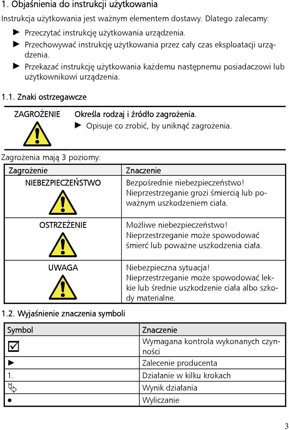 1. Znaki ostrzegawcze ZAGROŻENIE Określa rodzaj i źródło zagrożenia. Opisuje co zrobić, by uniknąć zagrożenia.