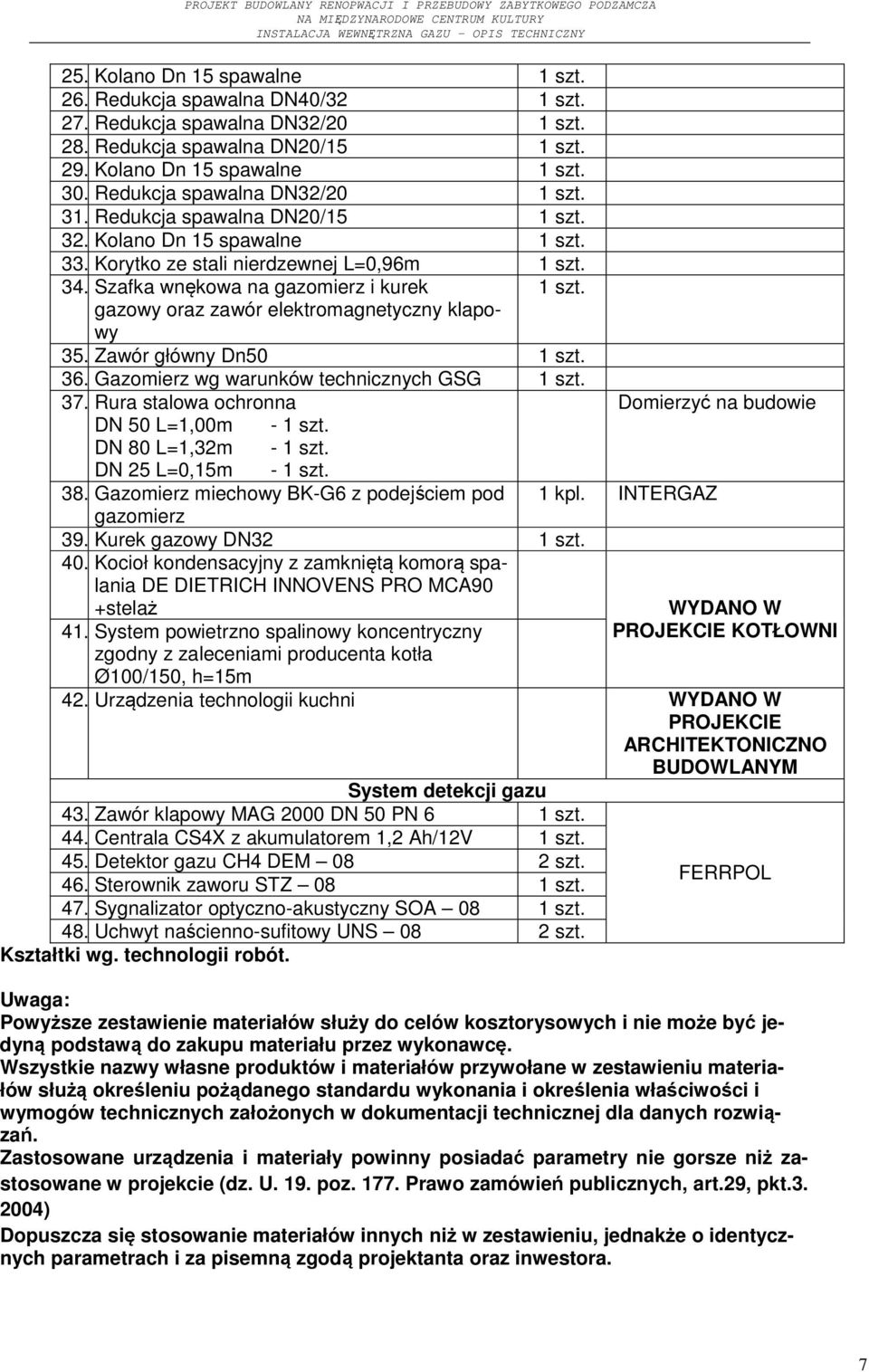 gazowy oraz zawór elektromagnetyczny klapowy 35. Zawór główny Dn50 1 szt. 36. Gazomierz wg warunków technicznych GSG 1 szt. 37. Rura stalowa ochronna Domierzyć na budowie DN 50 L=1,00m - 1 szt.