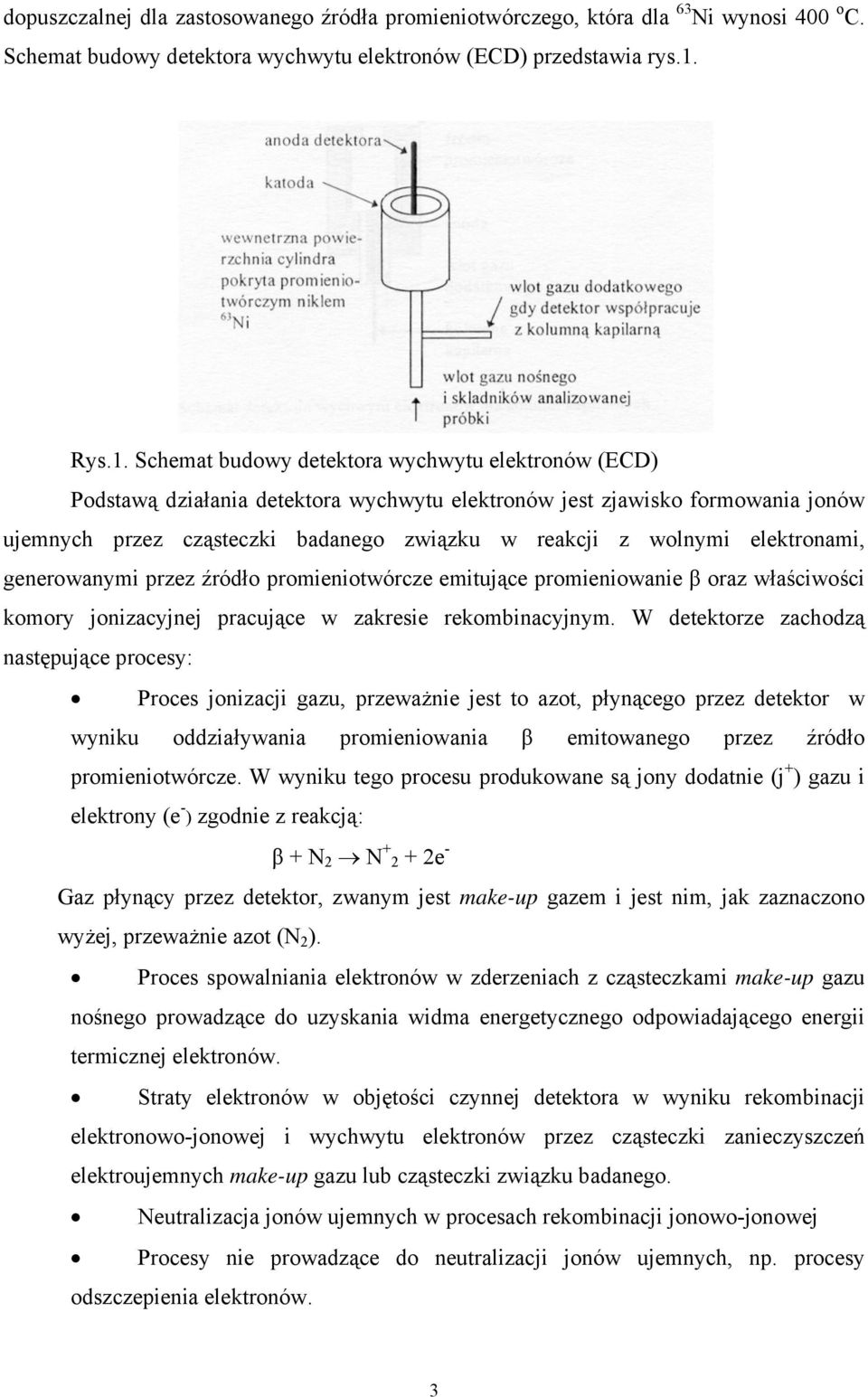 Schemat budowy detektora wychwytu elektronów (ECD) Podstawą działania detektora wychwytu elektronów jest zjawisko formowania jonów ujemnych przez cząsteczki badanego związku w reakcji z wolnymi