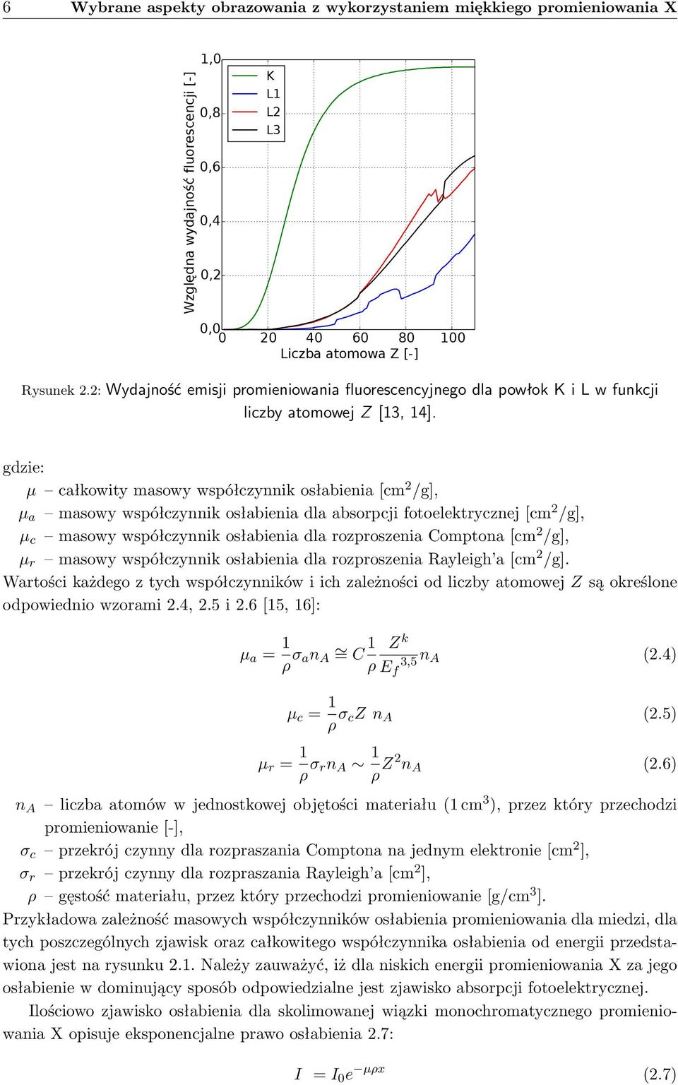 gdzie: µ całkowity masowy współczynnik osłabienia [cm 2 /g], µ a masowy współczynnik osłabienia dla absorpcji fotoelektrycznej [cm 2 /g], µ c masowy współczynnik osłabienia dla rozproszenia Comptona