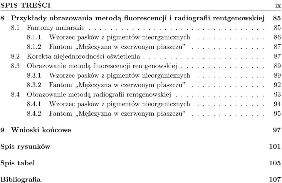 ............... 89 8.3.1 Wzorzec pasków z pigmentów nieorganicznych............. 89 8.3.2 Fantom Mężczyzna w czerwonym płaszczu.............. 92 8.4 Obrazowanie metodą radiografii rentgenowskiej.